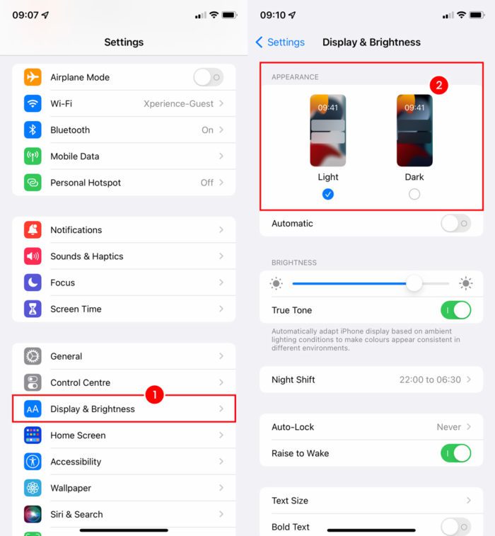 screenshot of Apple IOS phone settings to enable dark mode