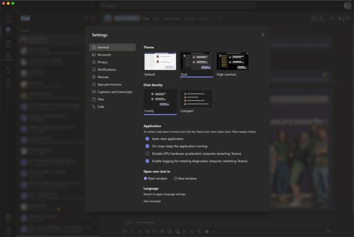 Screenshot of Microsoft Teams settings changing to dark mode