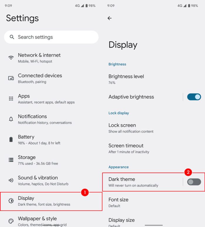 screenshot of Google Android phone settings to enable dark mode