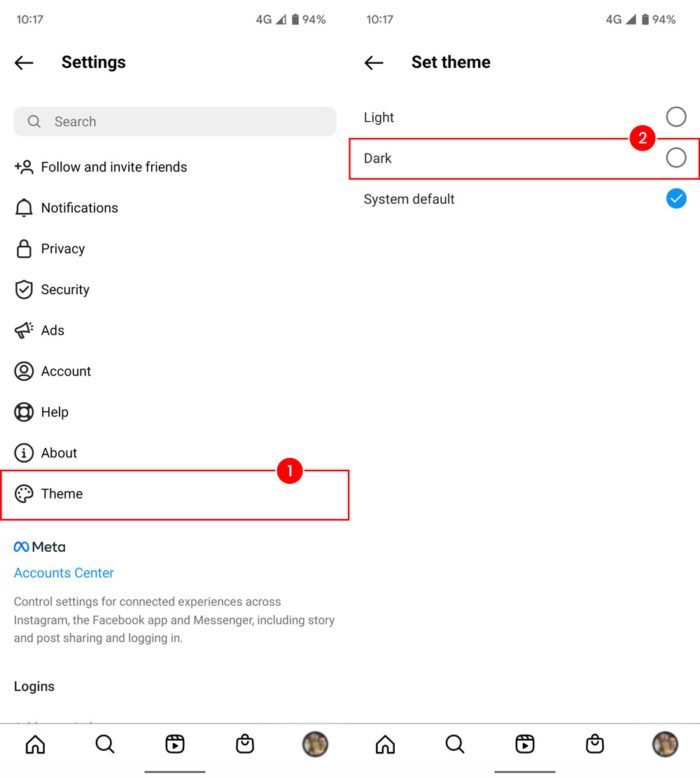 screenshot of Instagram settings to enable dark mode