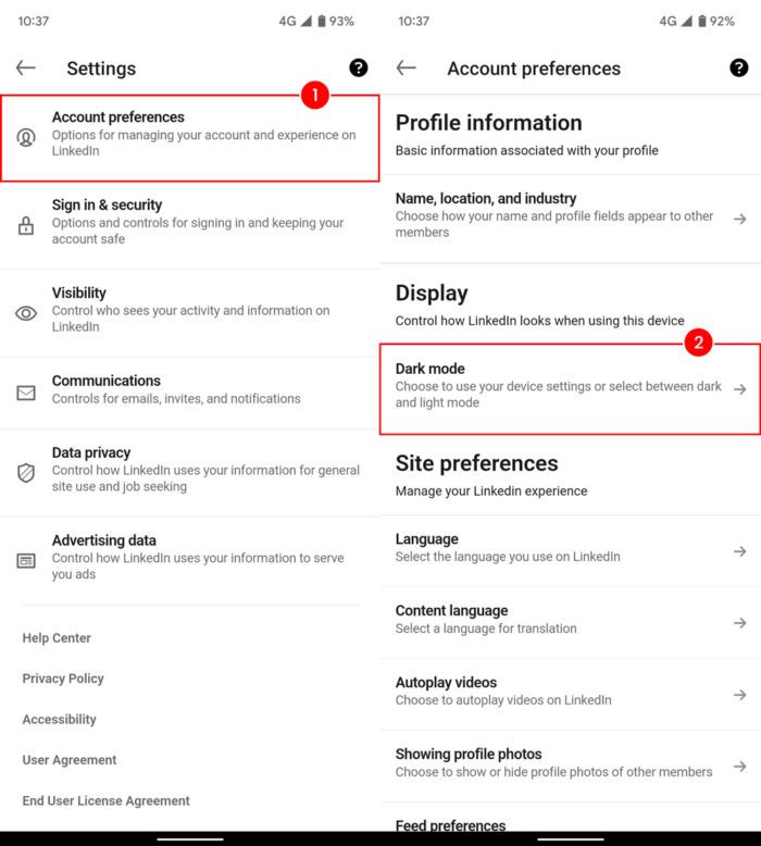 screenshot of LinkedIn settings to enable dark mode