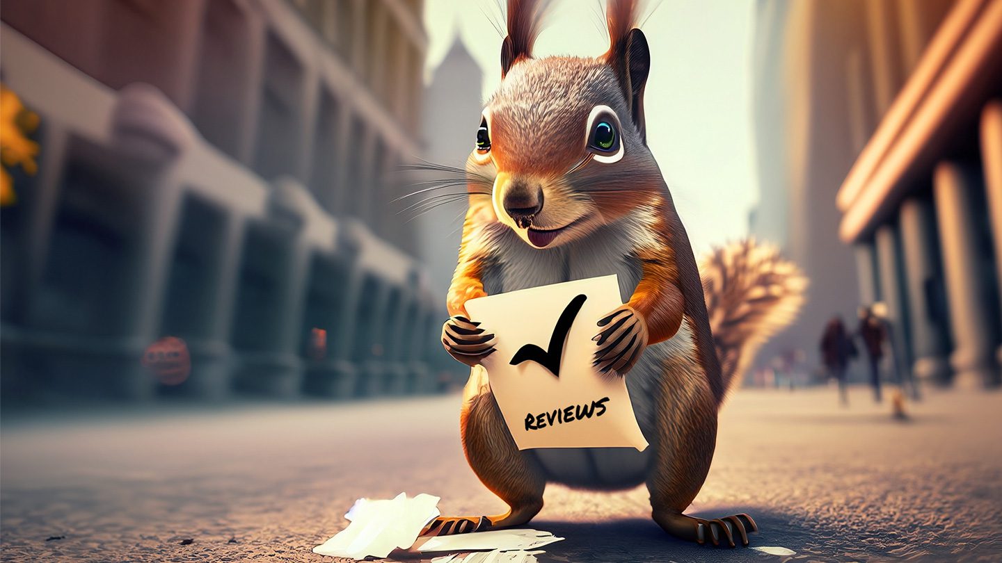Squirrel scurrying around looking for reviews
