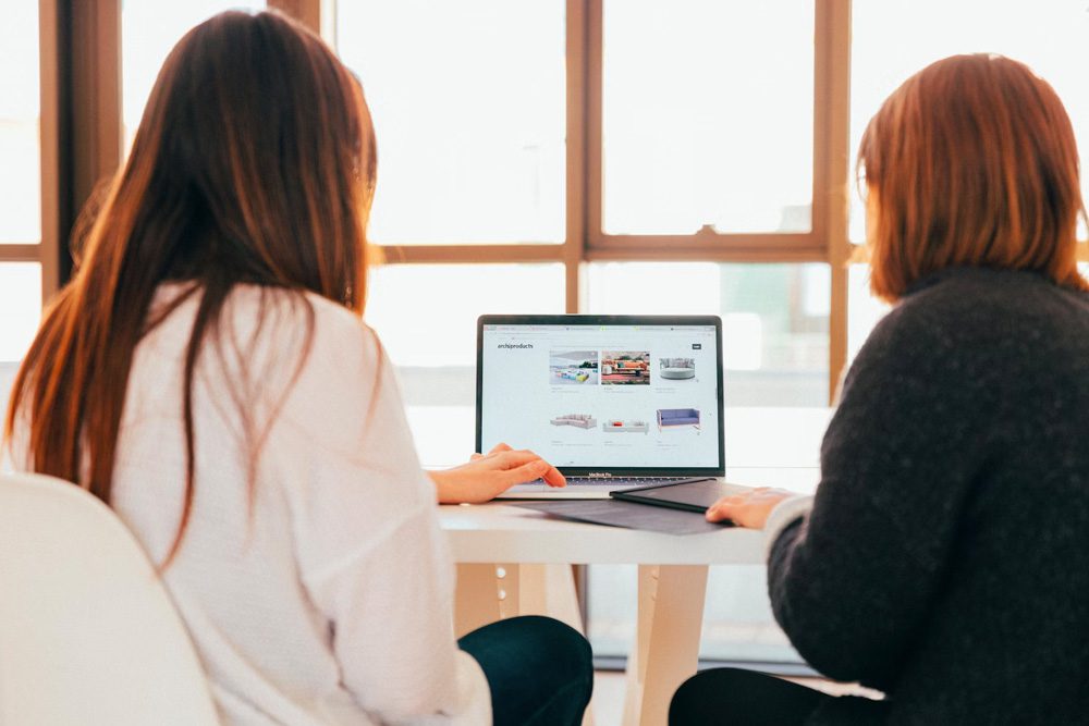 Two women looking at a website on a laptop