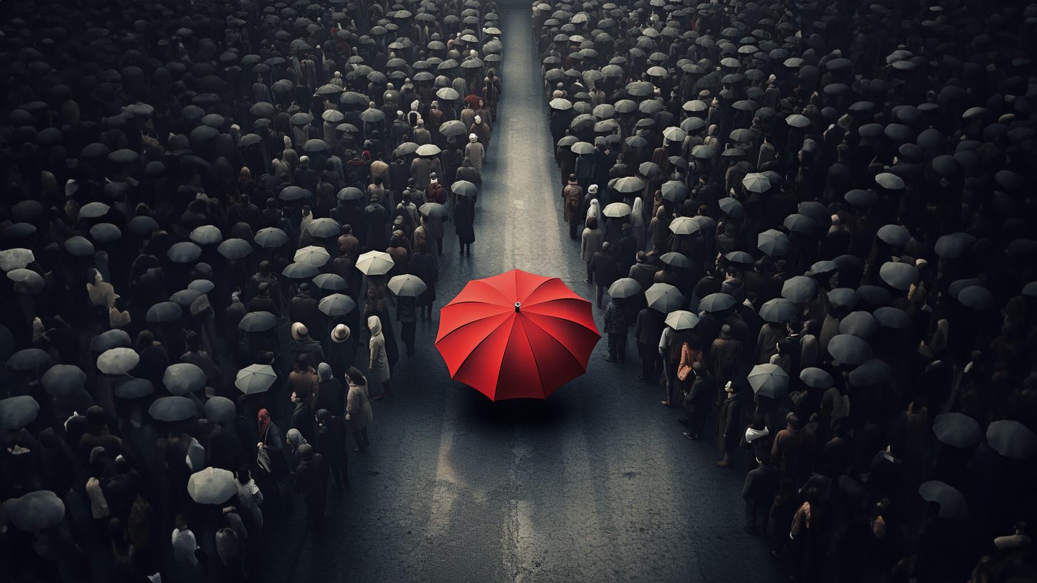 a single red umbrella in a crowd of grey umbrellas