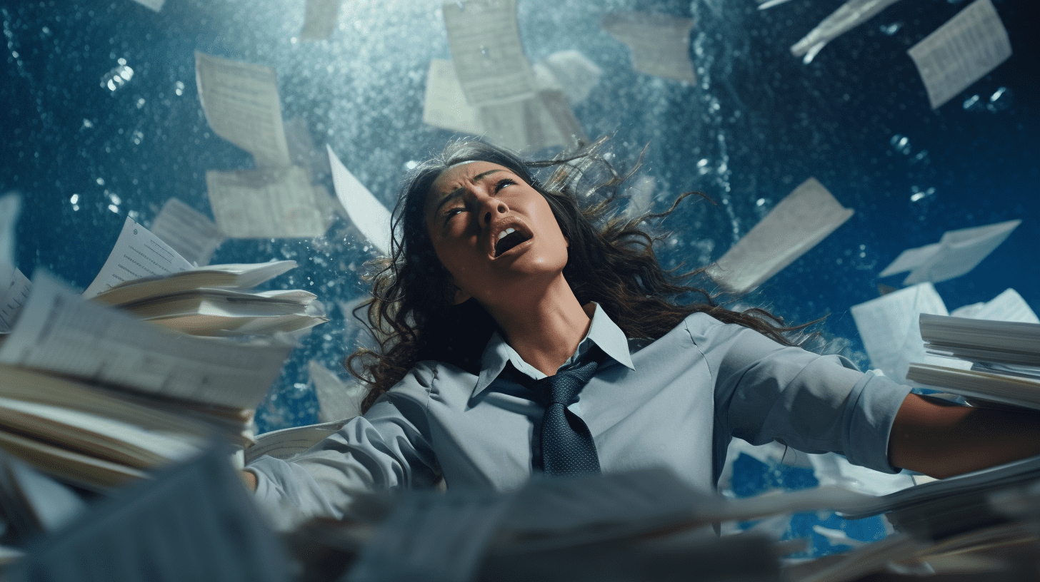 Image of a business woman drowning in legal documents