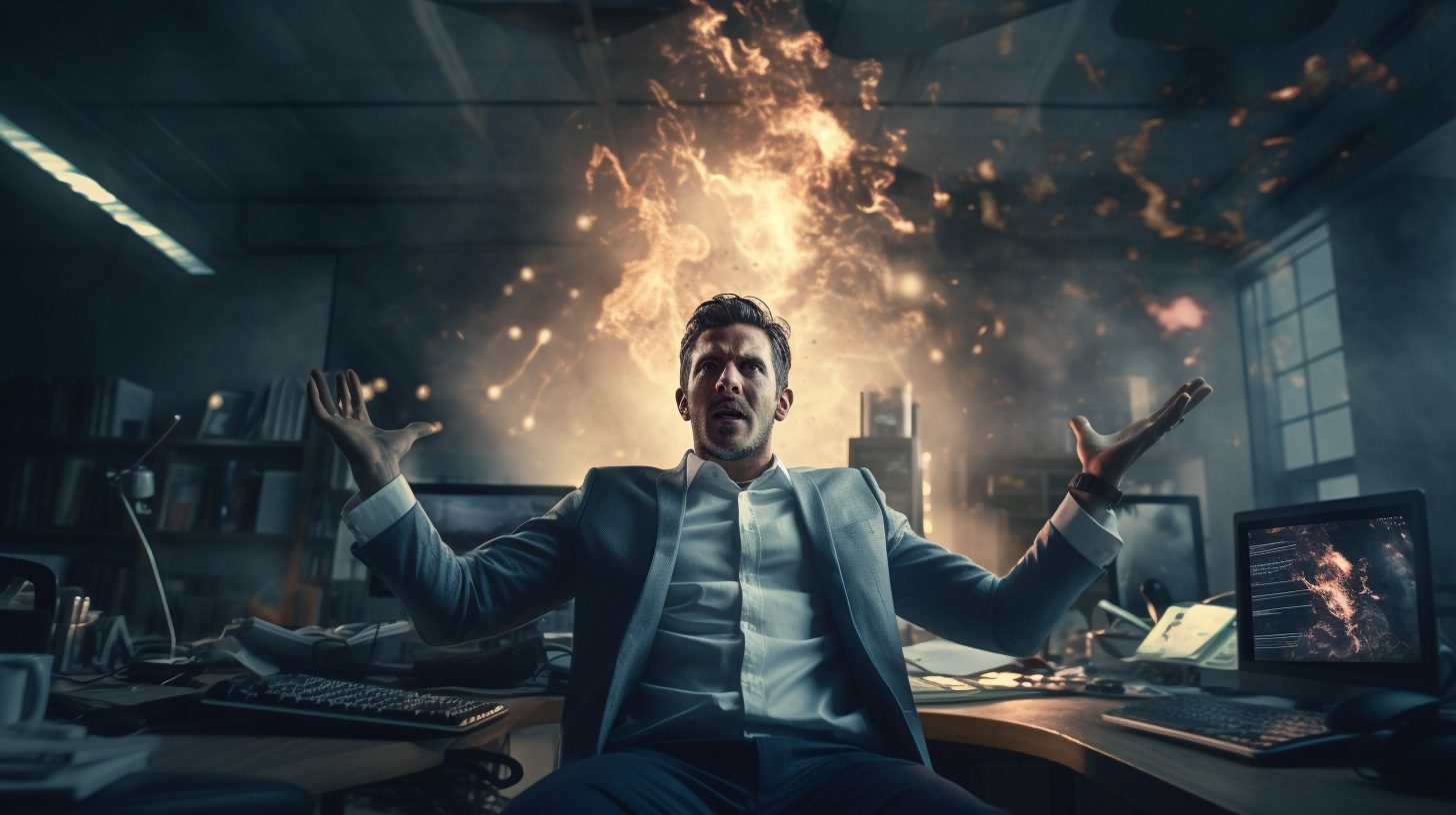 A guy in an office with an explosion happening behind him