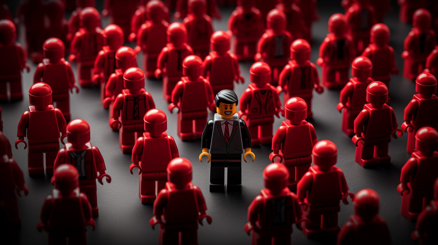 Rows of red lego men and one stands out in a suit