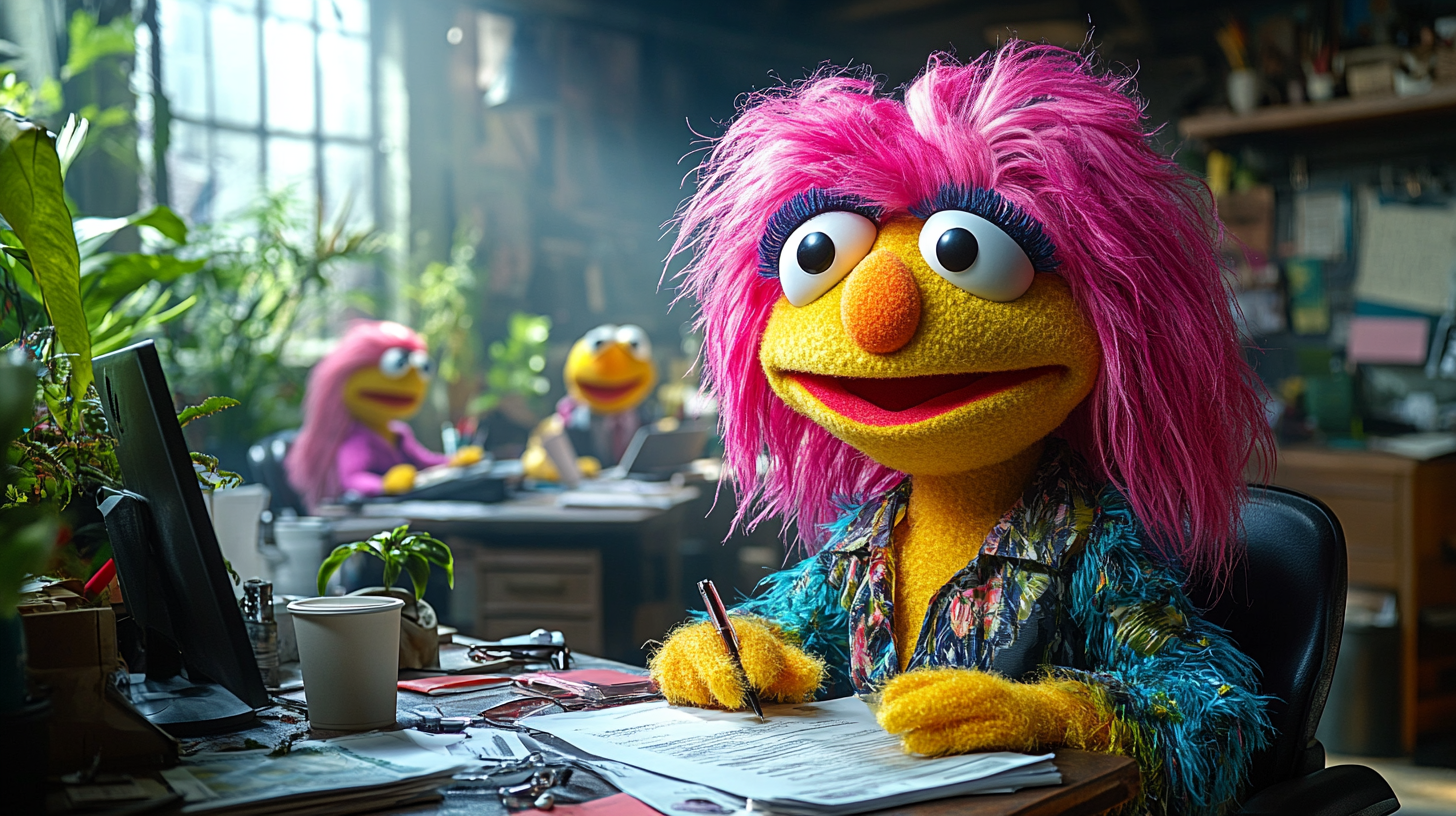 A muppet style woman working in an office on custom software development