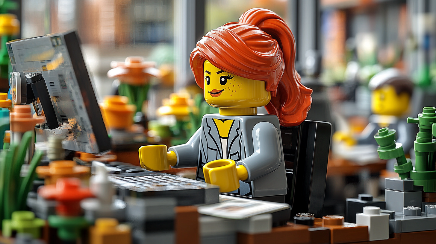 A lego woman in a busy office searching for bespoke software