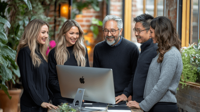 a business gathered around a computer looking at custom software