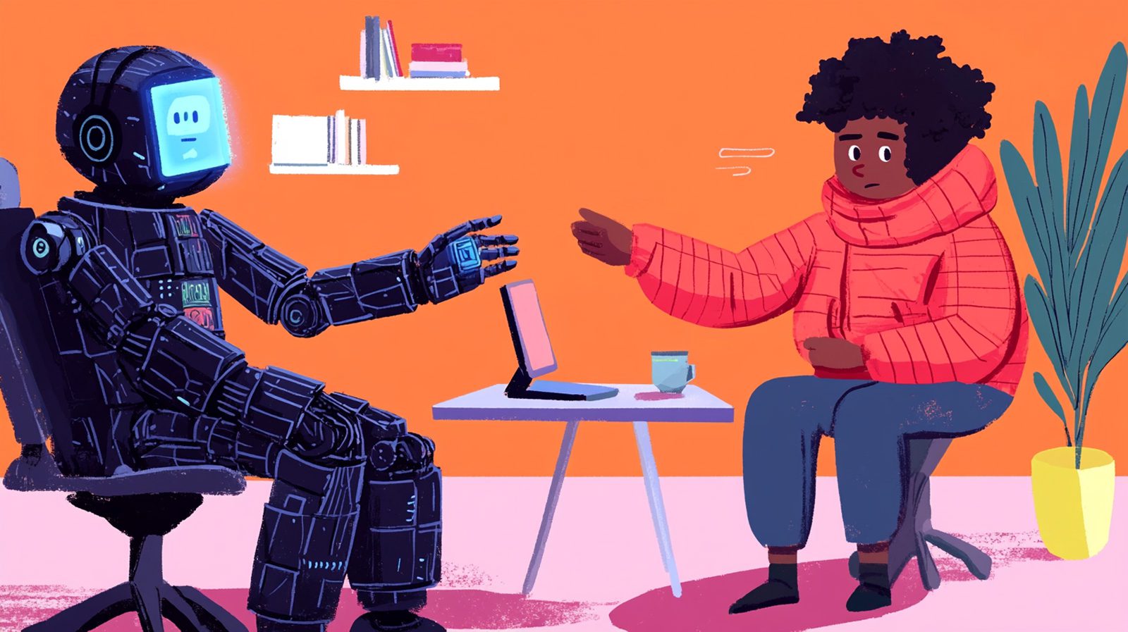 AI in custom software represented by a robot having a meeting with a person