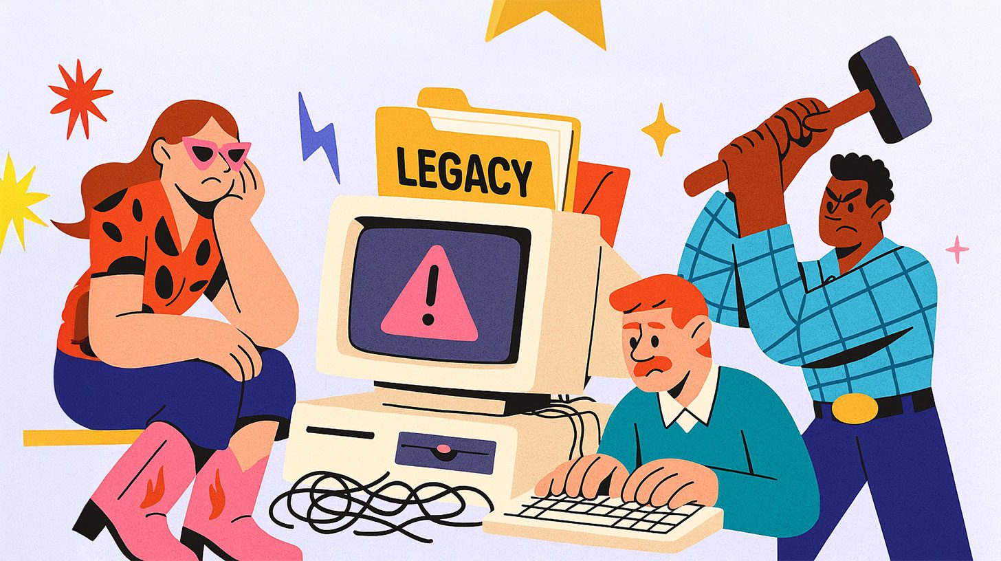 An illustration of a frustrated business using legacy software