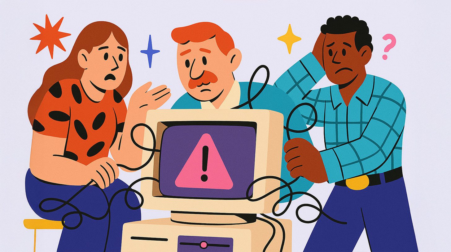 An illustration of a confused team using legacy software