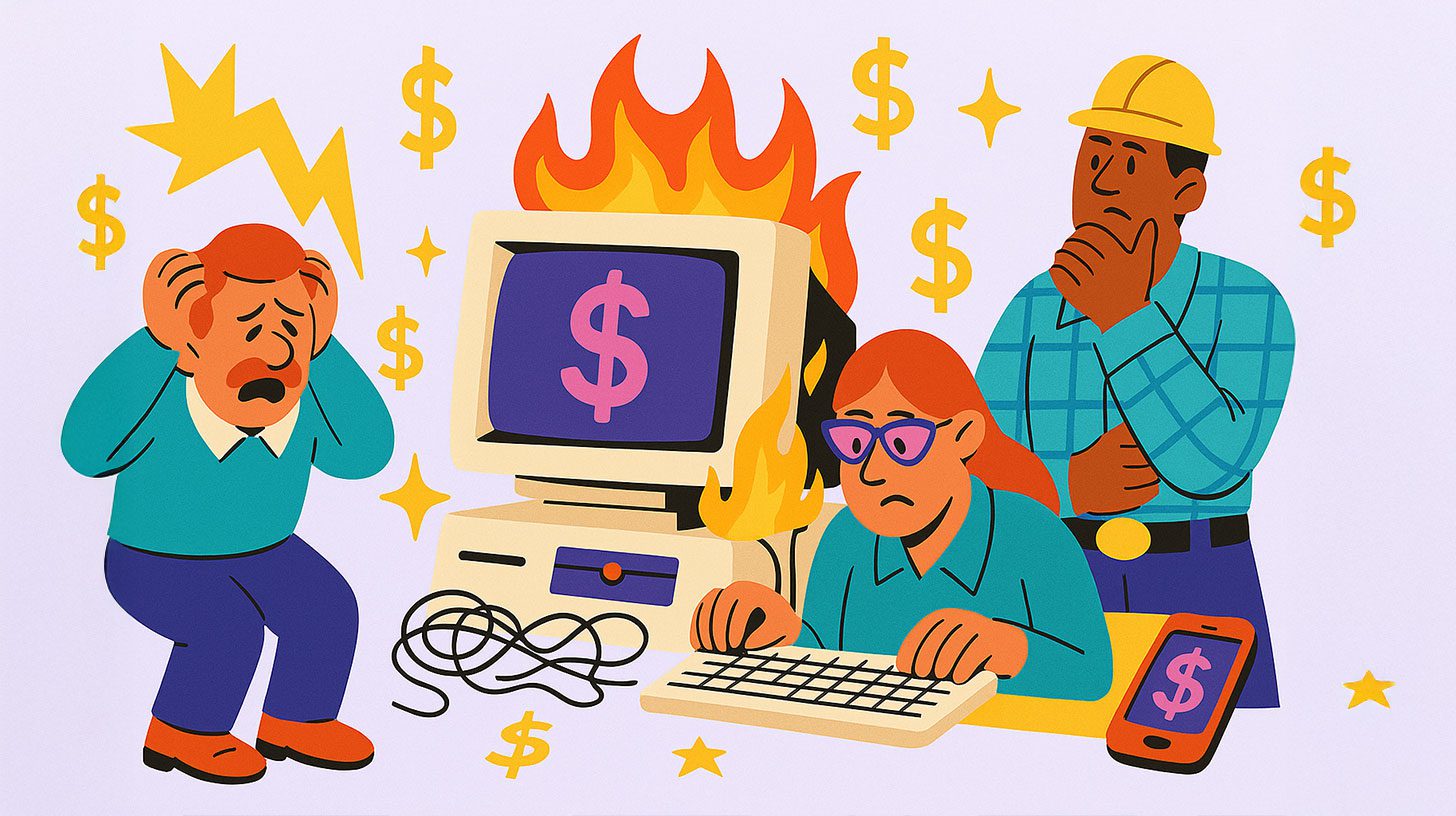 An illustration of a team wasting money using legacy software