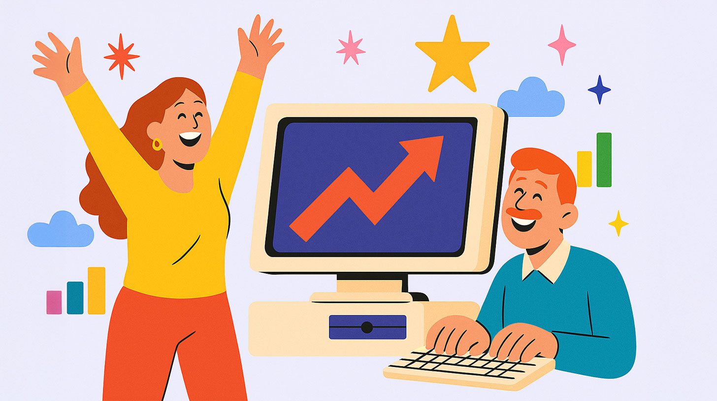 An illustration of a team happy they have replaced their legacy software