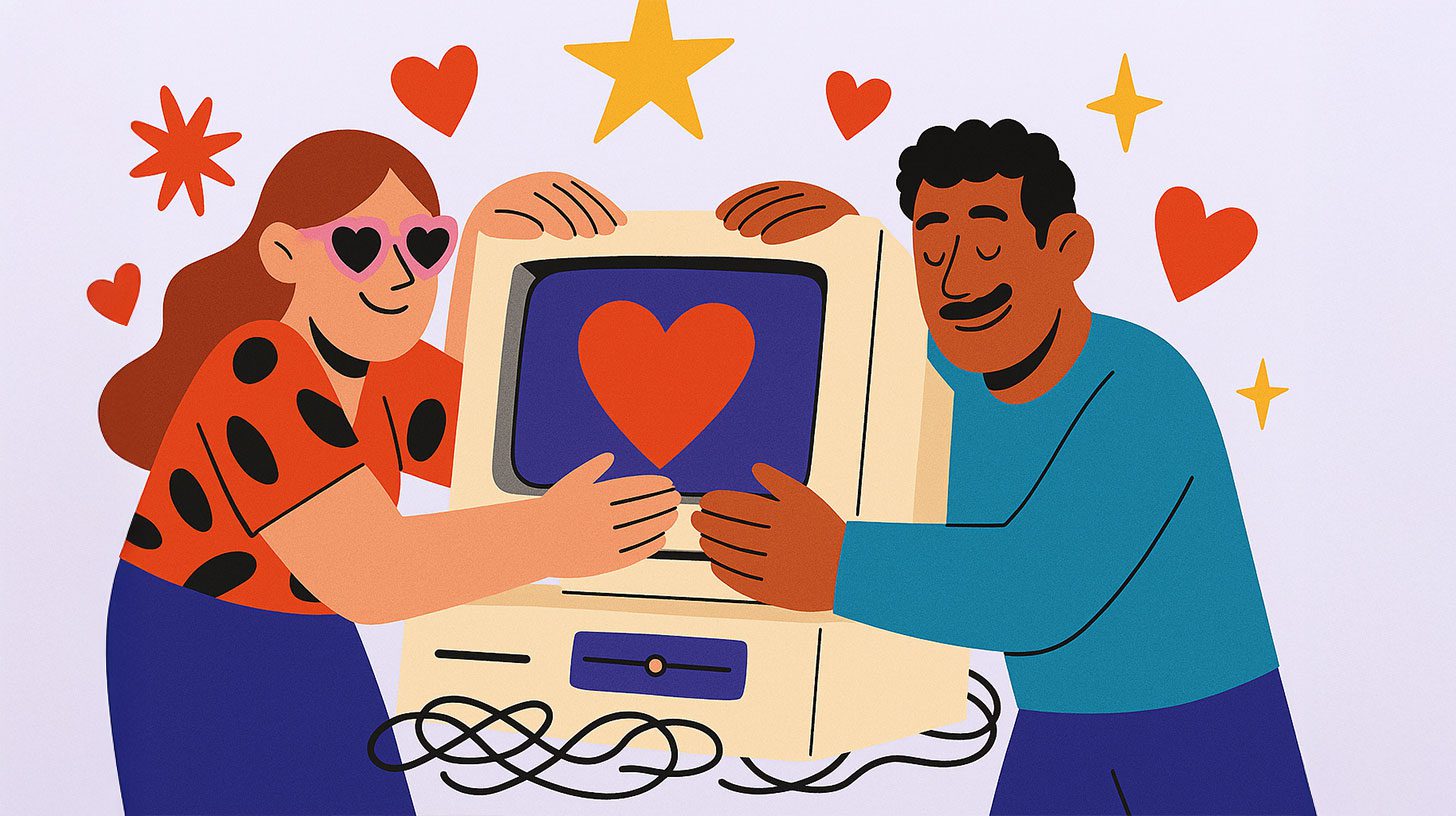 An illustration of a team in love with the new software which has replaced their legacy software