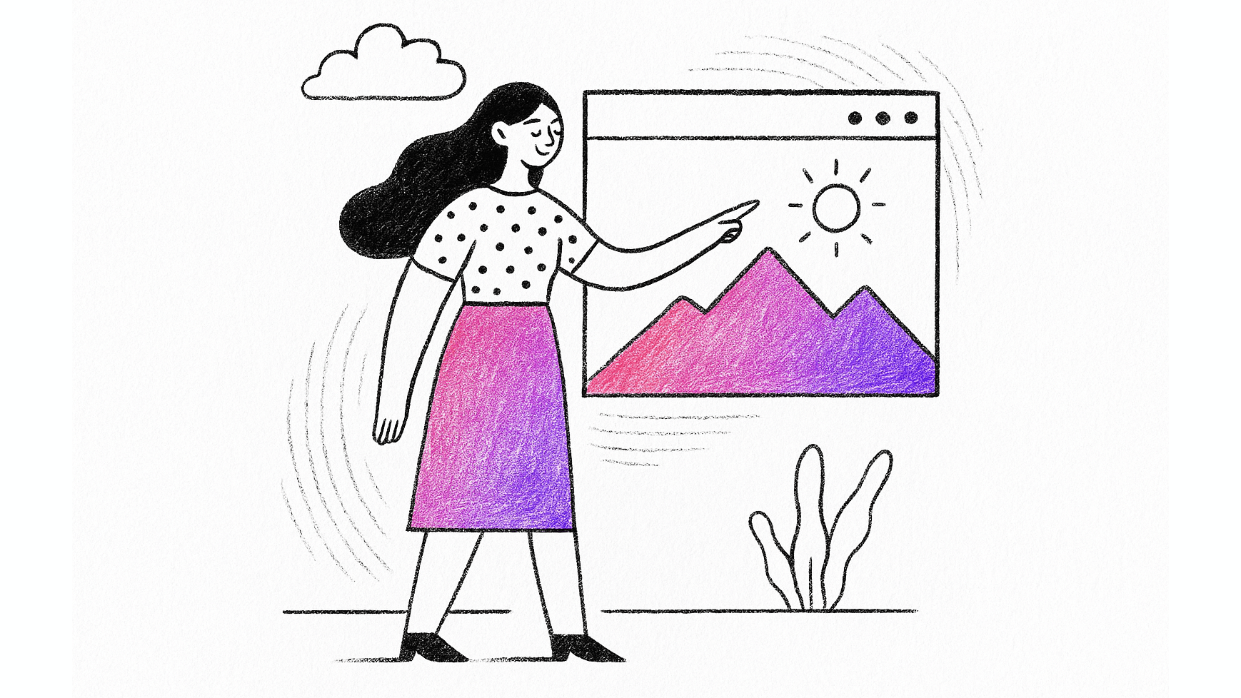 A hand-drawn digital illustration of a woman balancing multiple tools and tasks, symbolising the challenges of achieving software accessibility compliance in modern businesses.