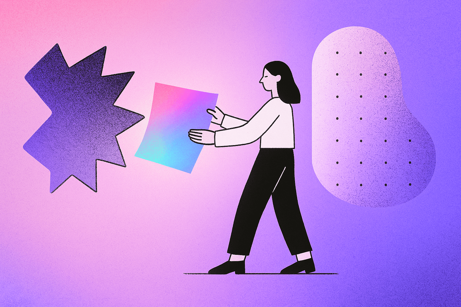 A minimalist digital illustration showing a woman linking a colourful dotted shape and a zig-zagged shape, symbolising the partnership between legal mandates and technical standards in software accessibility compliance.