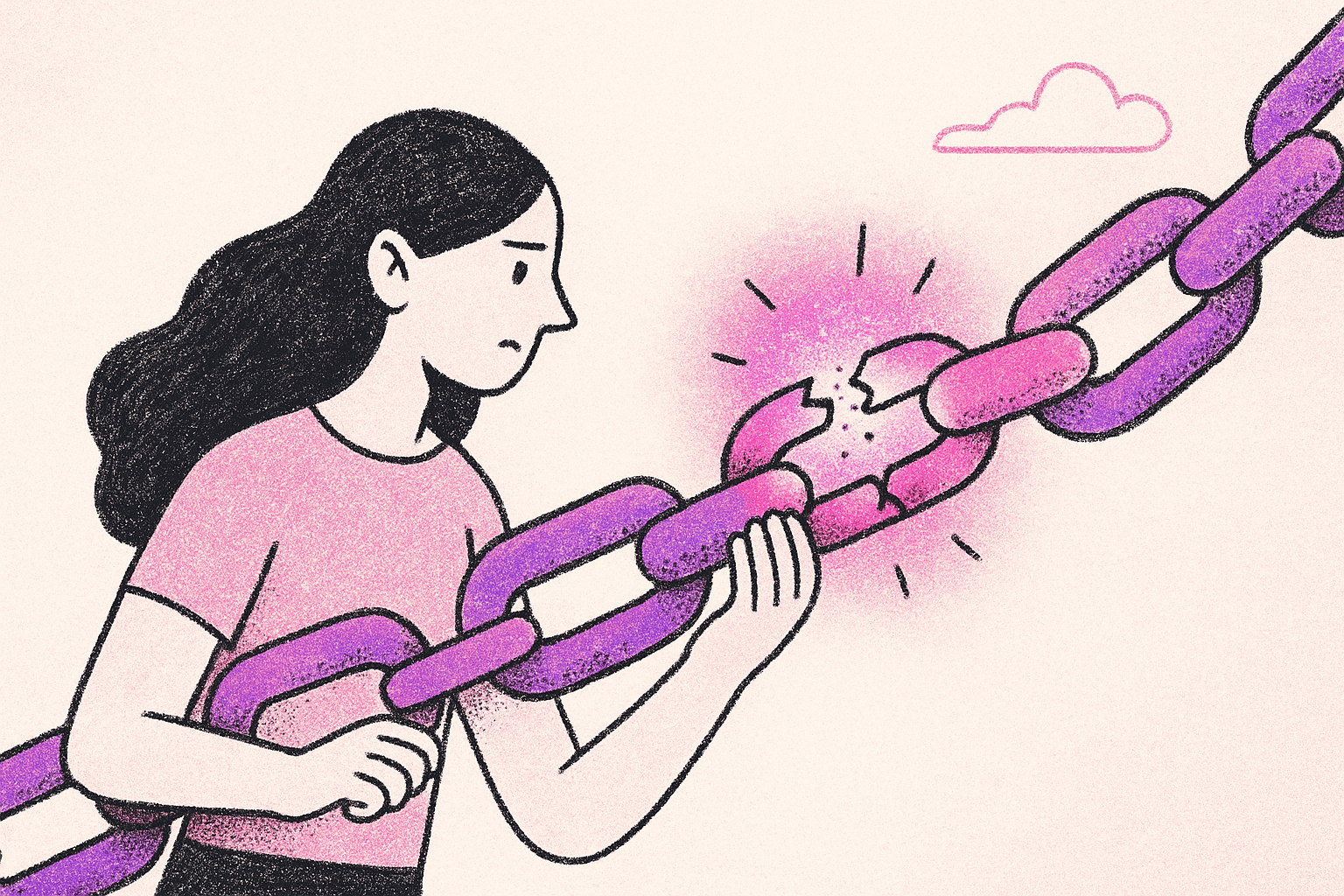 A hand-drawn digital illustration in a minimalist style features a woman carefully linking floating abstract software modules together. Each module represents a third-party integration, visually distinct with dotted or textured surfaces. The scene symbolises the importance of cohesive software accessibility compliance across the digital supply chain.
