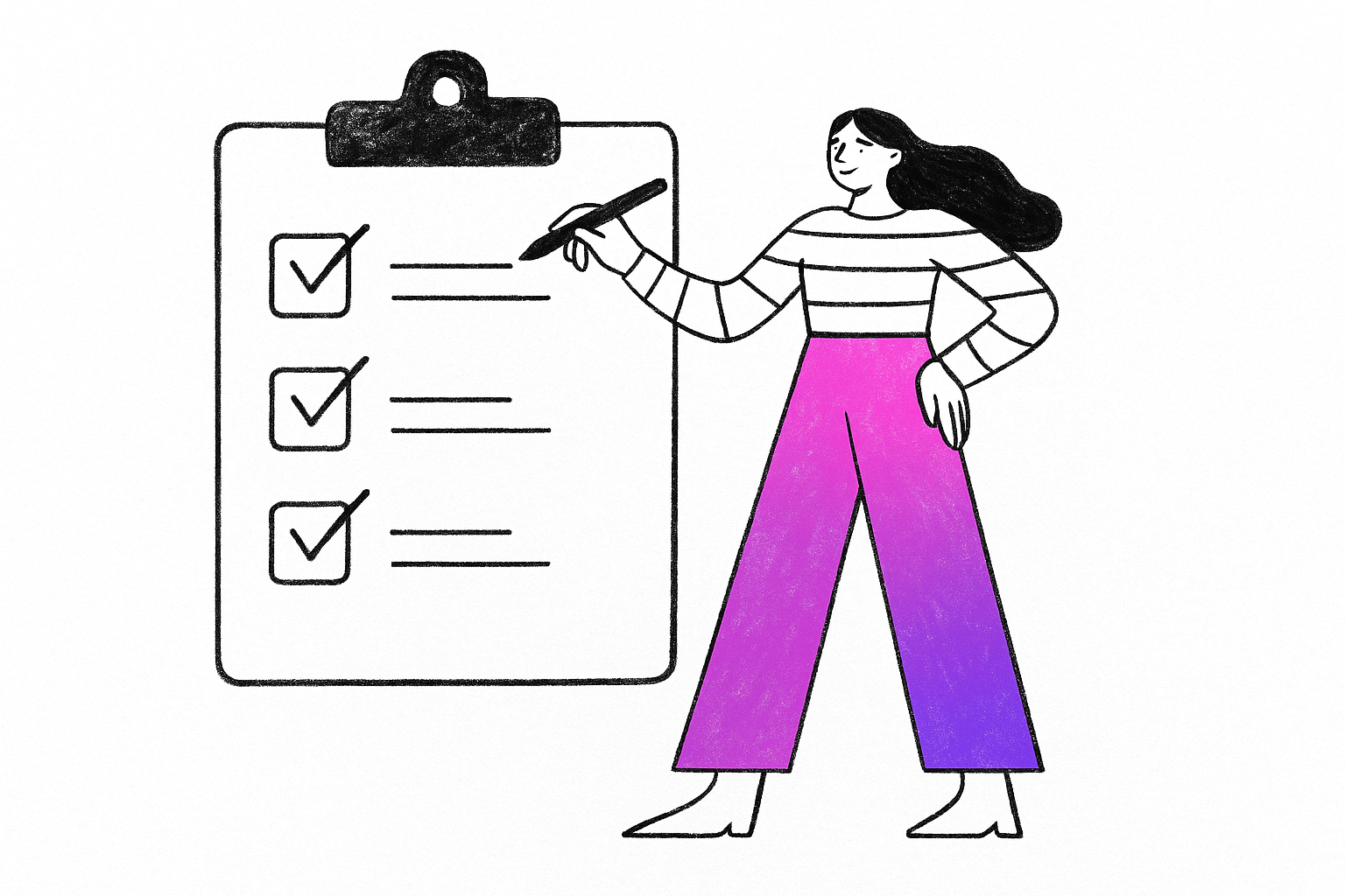 A hand-drawn digital illustration features a woman confidently walking up a checklist made of floating abstract boxes, symbolising a strategic path toward software accessibility compliance for UK businesses.