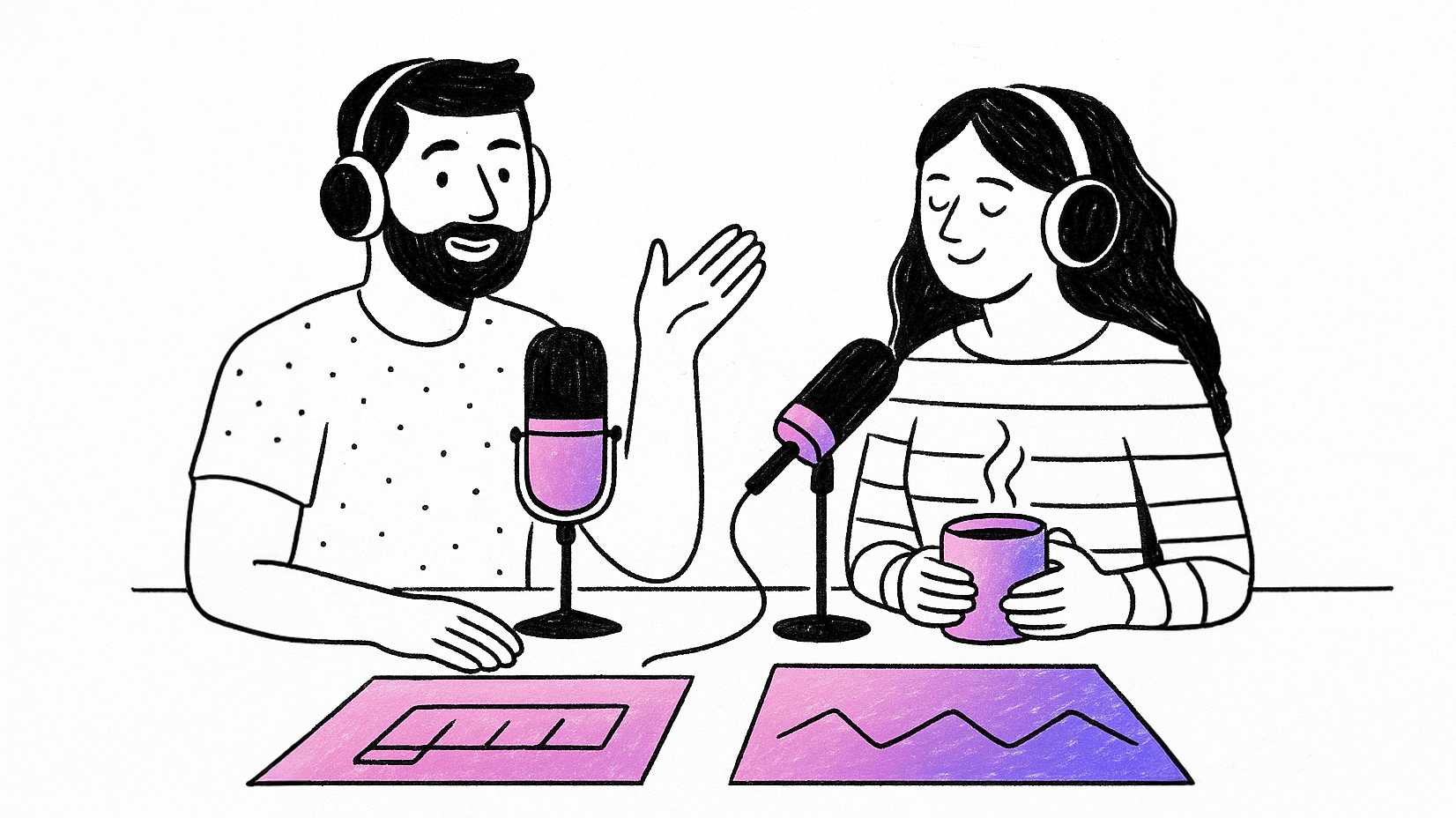 A hand-drawn digital illustration with textured, abstract elements showing a man and woman recording a podcast together. They sit at a table with microphones, headphones, and a laptop, surrounded by playful shapes and a gradient pink-to-purple accent, visually reinforcing the theme of software accessibility compliance discussion.