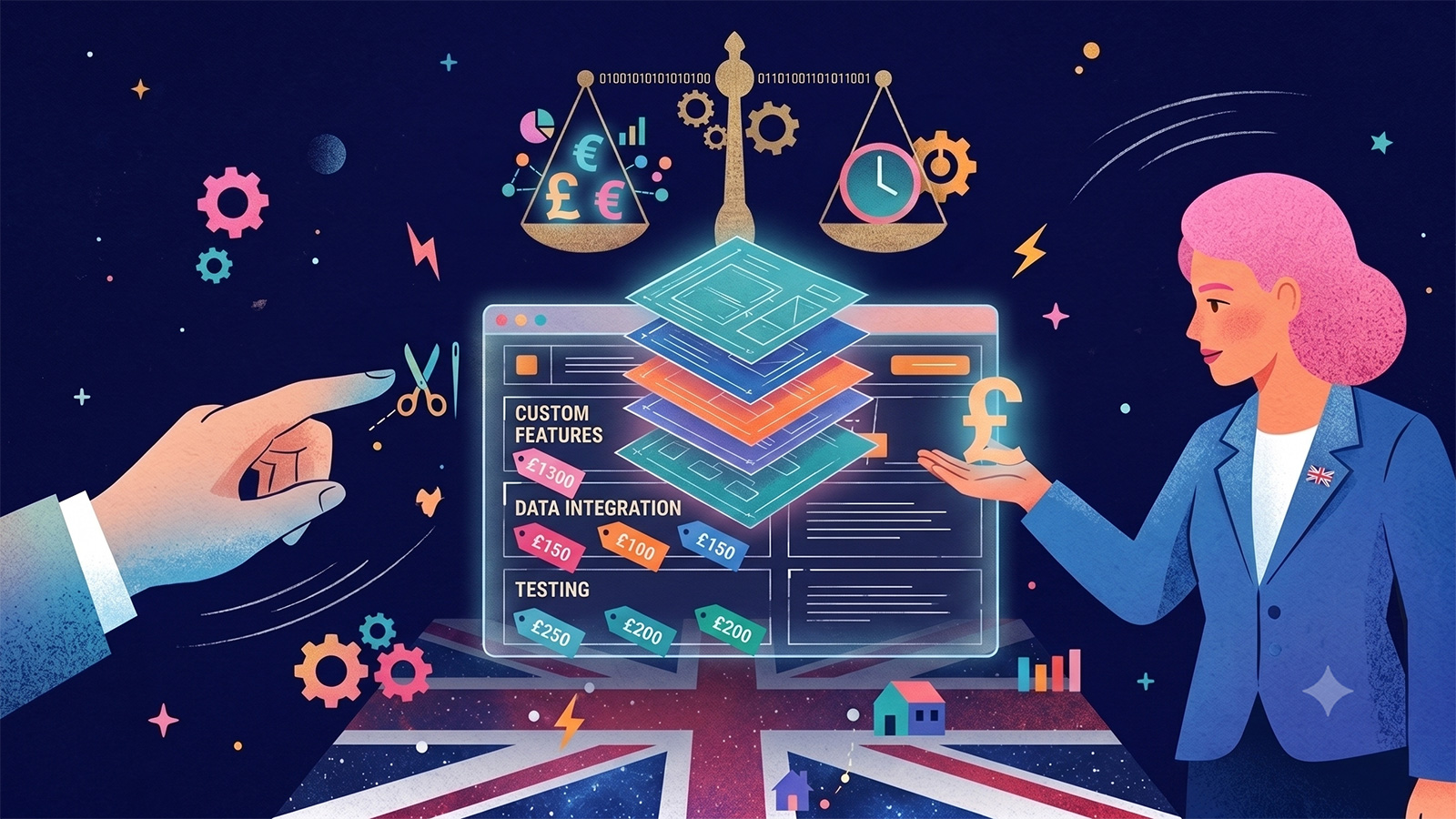 Illustration to show UK bespoke software development cost guide 2026 from SourceCodeStudio